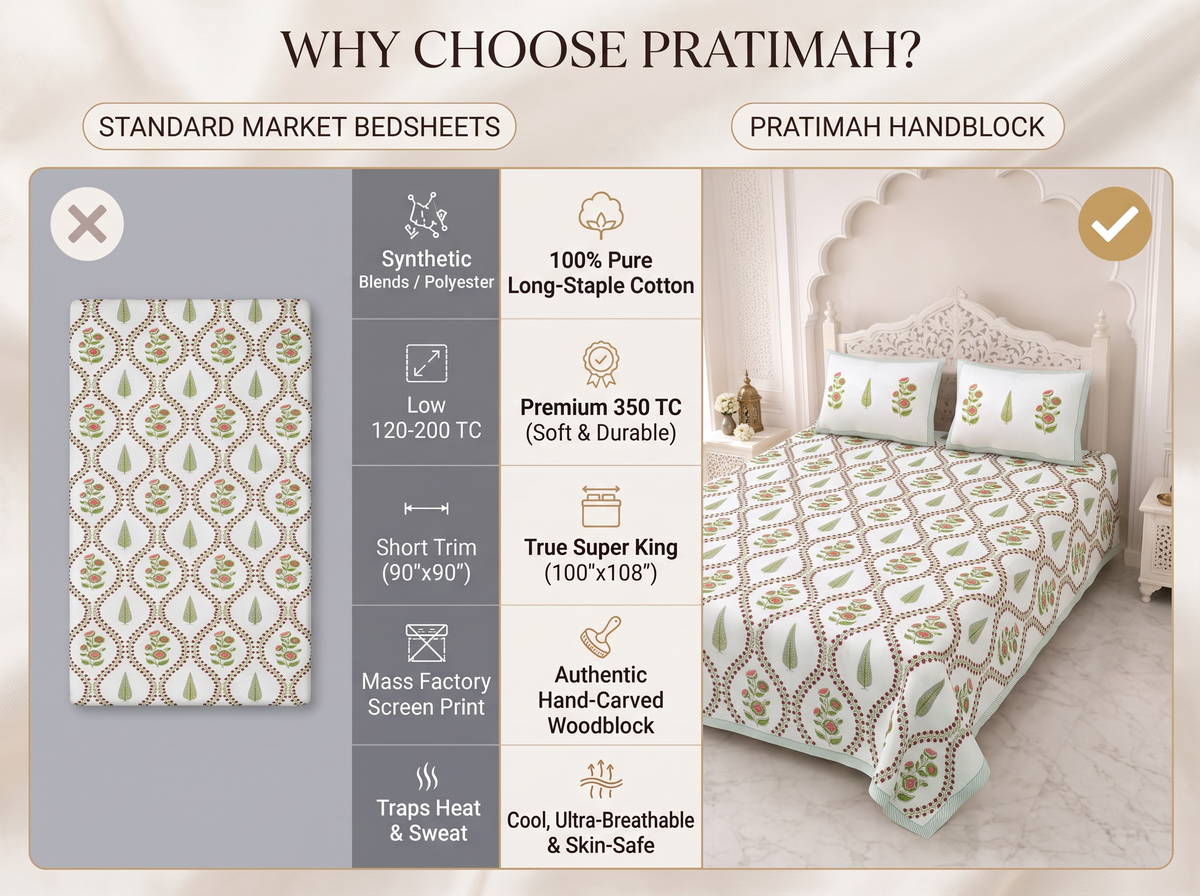 Mallika - 350 TC Handblock Pure Cotton Bedsheet Set