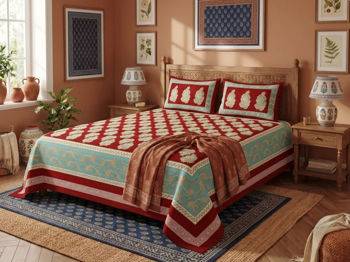 Kesari - 350 TC Handblock Pure Cotton Bedsheet Set