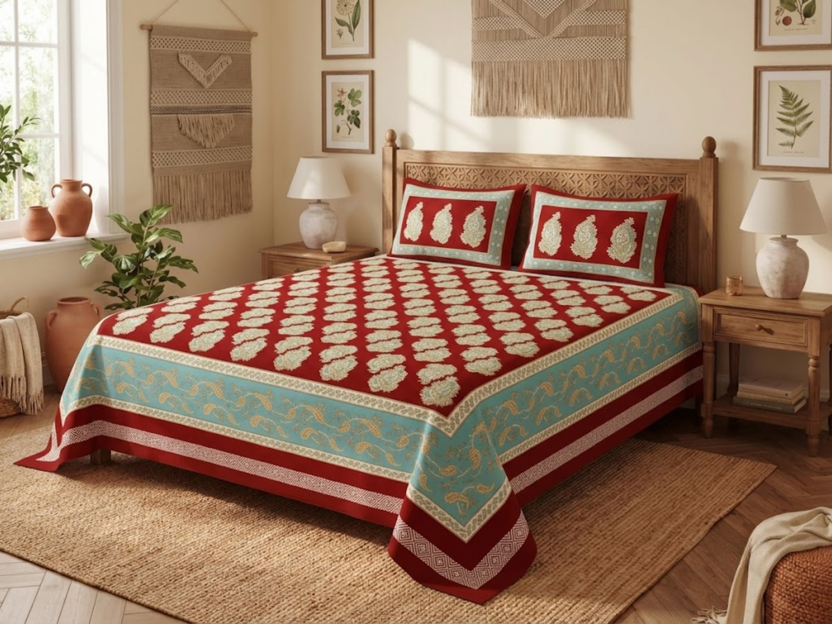 Kesari - 350 TC Handblock Pure Cotton Bedsheet Set