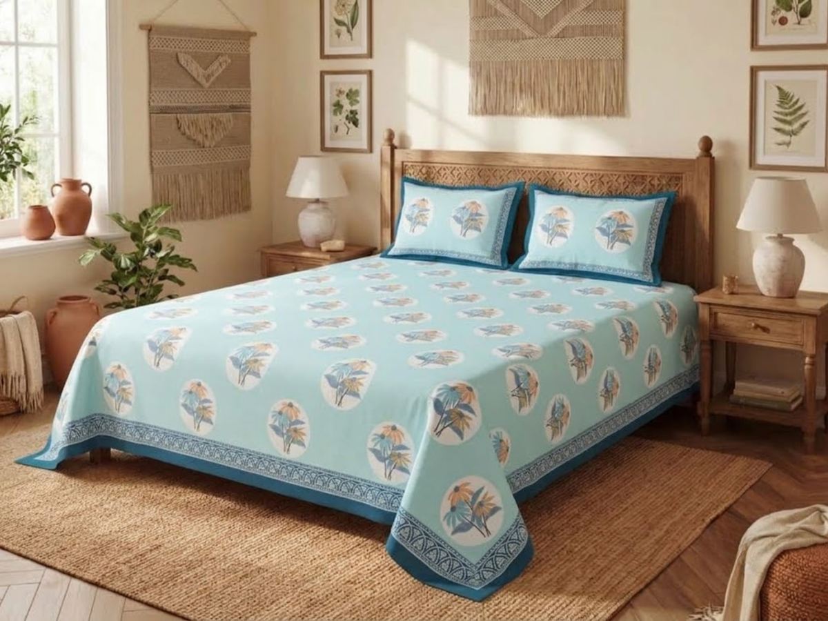 Sanju - 350 TC Handblock Printed Pure Cotton Bedsheet Set