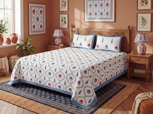 Ujjaini - 350 TC Handblock Pure Cotton Bedsheet Set