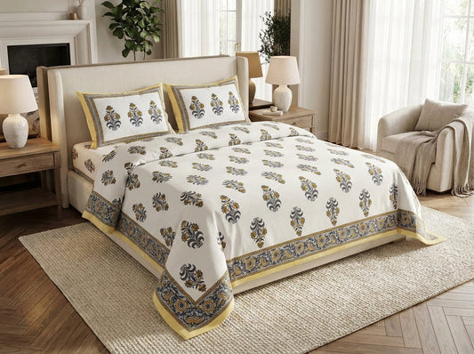 Kesari - 350 TC Handblock Pure Cotton Bedsheet Set