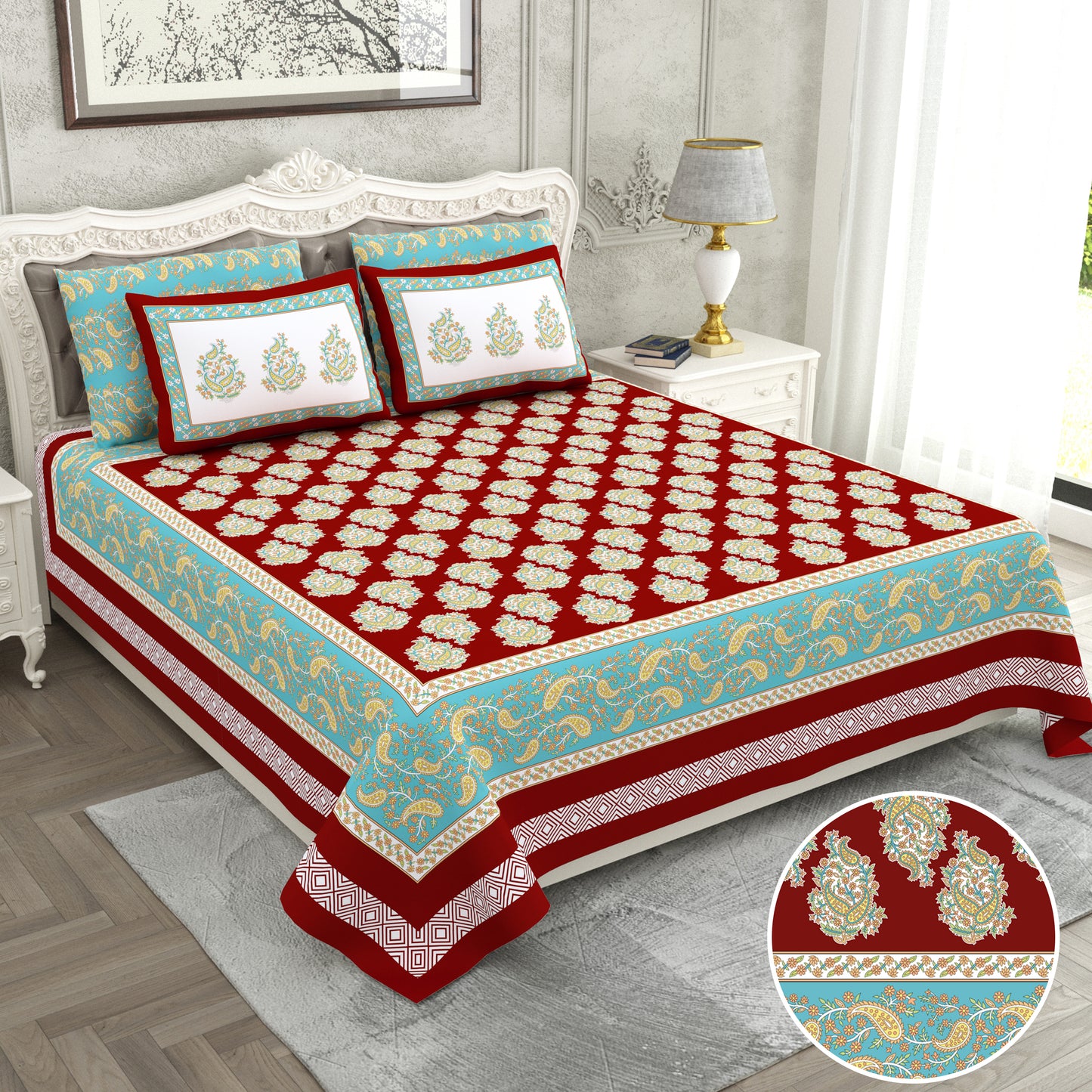 Kesari - 350 TC Handblock Pure Cotton Bedsheet Set