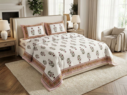 Mundari - 350 TC Handblock Pure Cotton Bedsheet Set