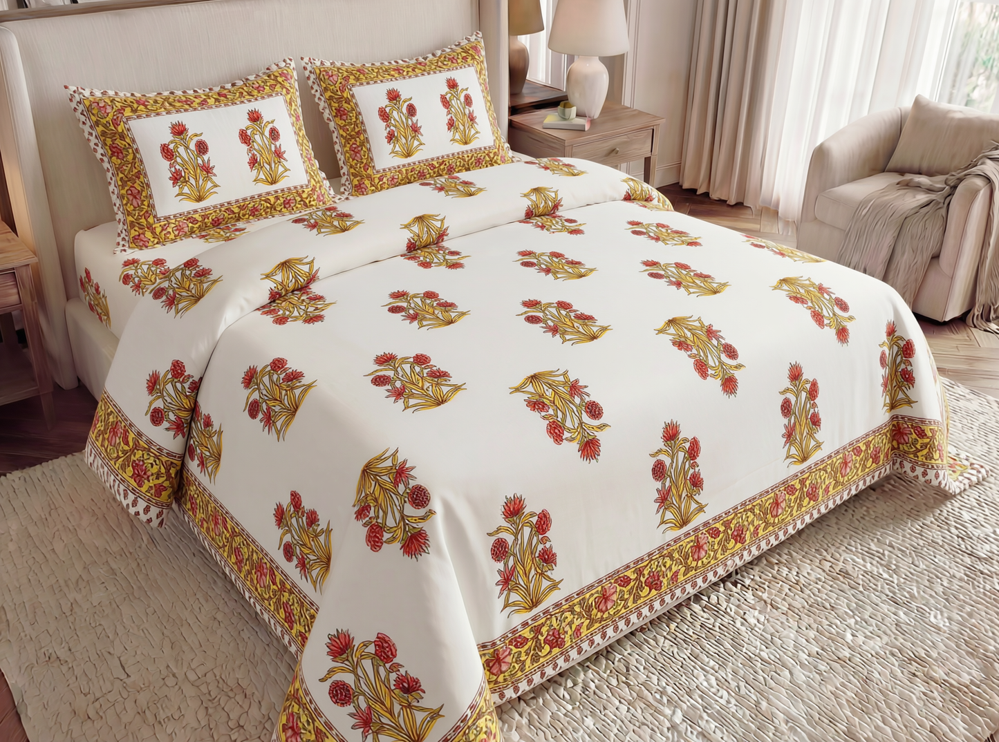 Mundari - 350 TC Handblock Pure Cotton Bedsheet Set