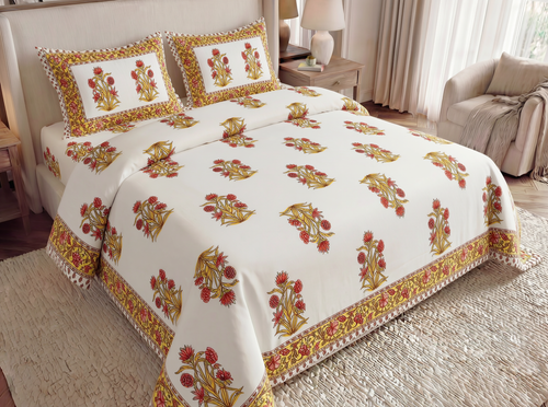 Mundari - 350 TC Handblock Pure Cotton Bedsheet Set