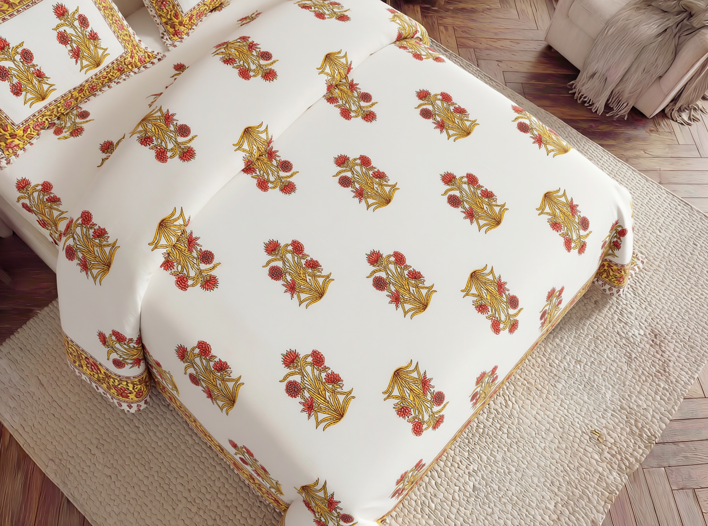 Mundari - 350 TC Handblock Pure Cotton Bedsheet Set