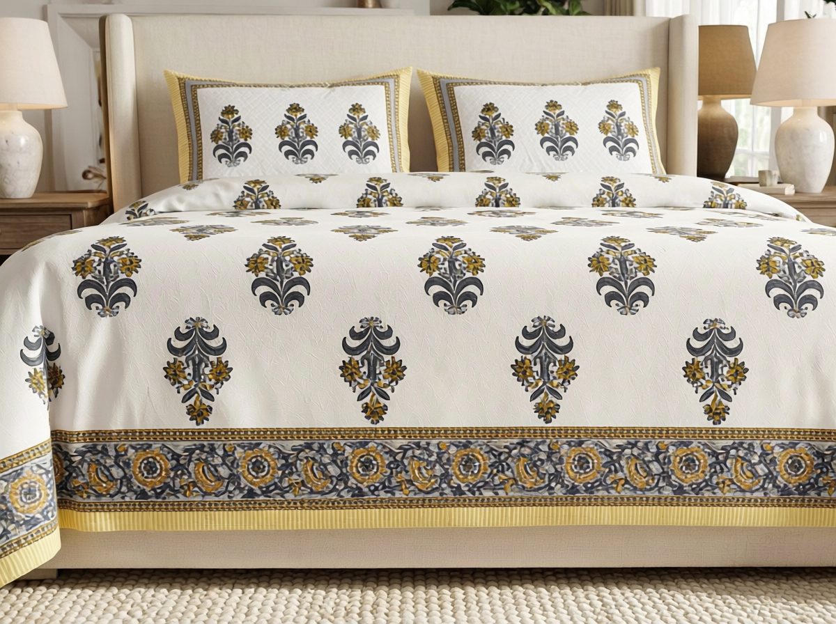 Kesari - 350 TC Handblock Pure Cotton Bedsheet Set