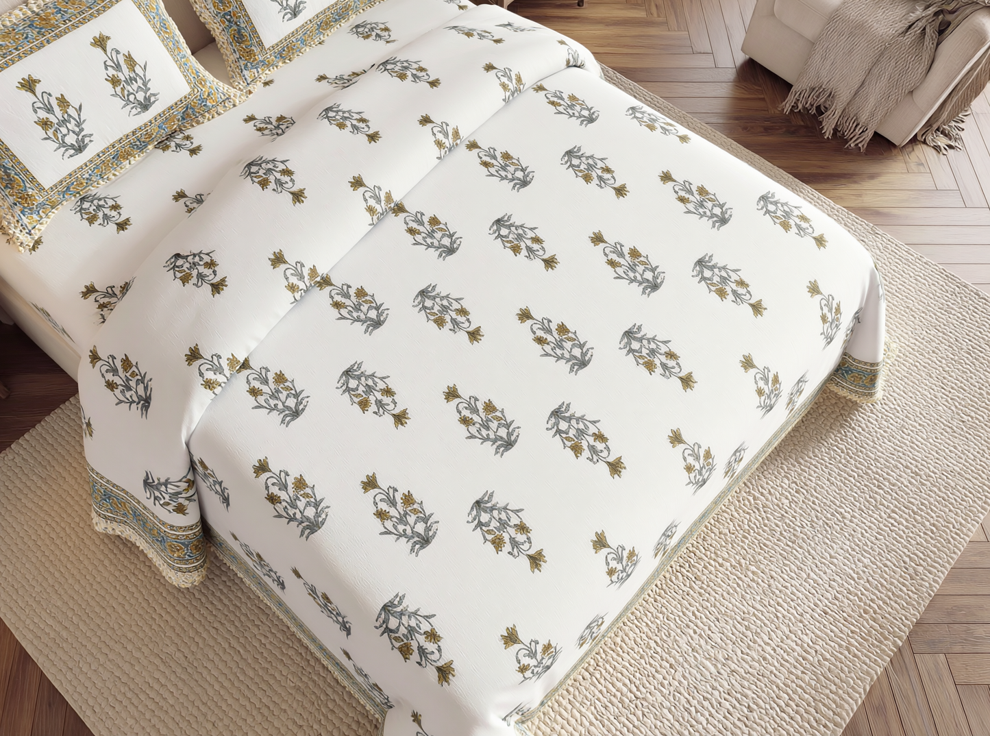 Rajwara - 350 TC Handblock Pure Cotton Bedsheet Set