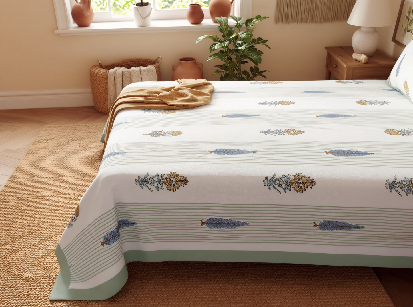 Rajsi - 350 TC Handblock Pure Cotton Bedsheet Set