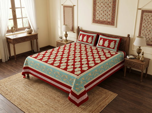 Kesari - 350 TC Handblock Pure Cotton Bedsheet Set