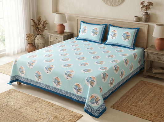 Sanju - 350 TC Handblock Printed Pure Cotton Bedsheet Set