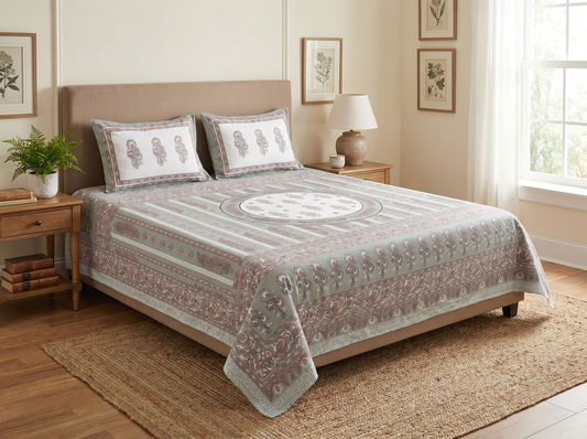 Mehar Motif - 350 TC Handblock Pure Cotton Bedsheet set
