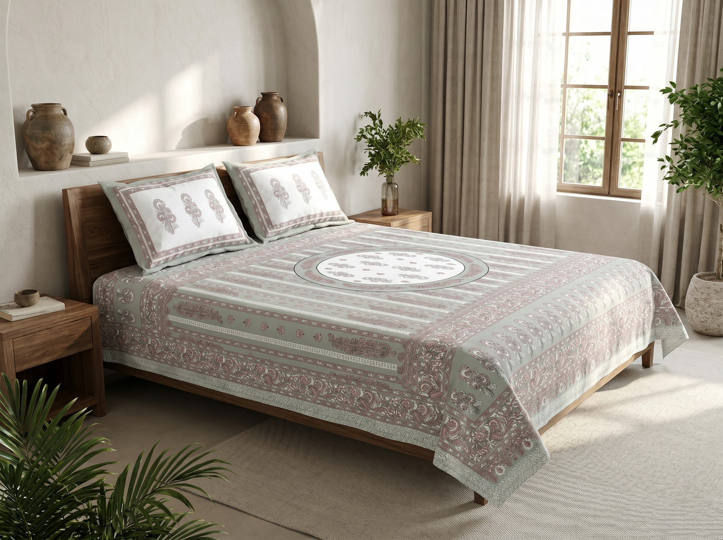 Mehar Motif - 350 TC Handblock Pure Cotton Bedsheet set