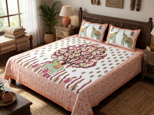 Ujjaini - 350 TC Handblock Pure Cotton Bedsheet Set