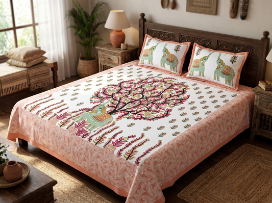 Ujjaini - 350 TC Handblock Pure Cotton Bedsheet Set