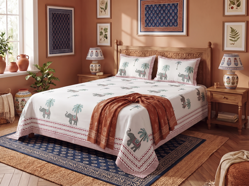 Gajendra - 350 TC Handblock Pure Cotton Bedsheet Set