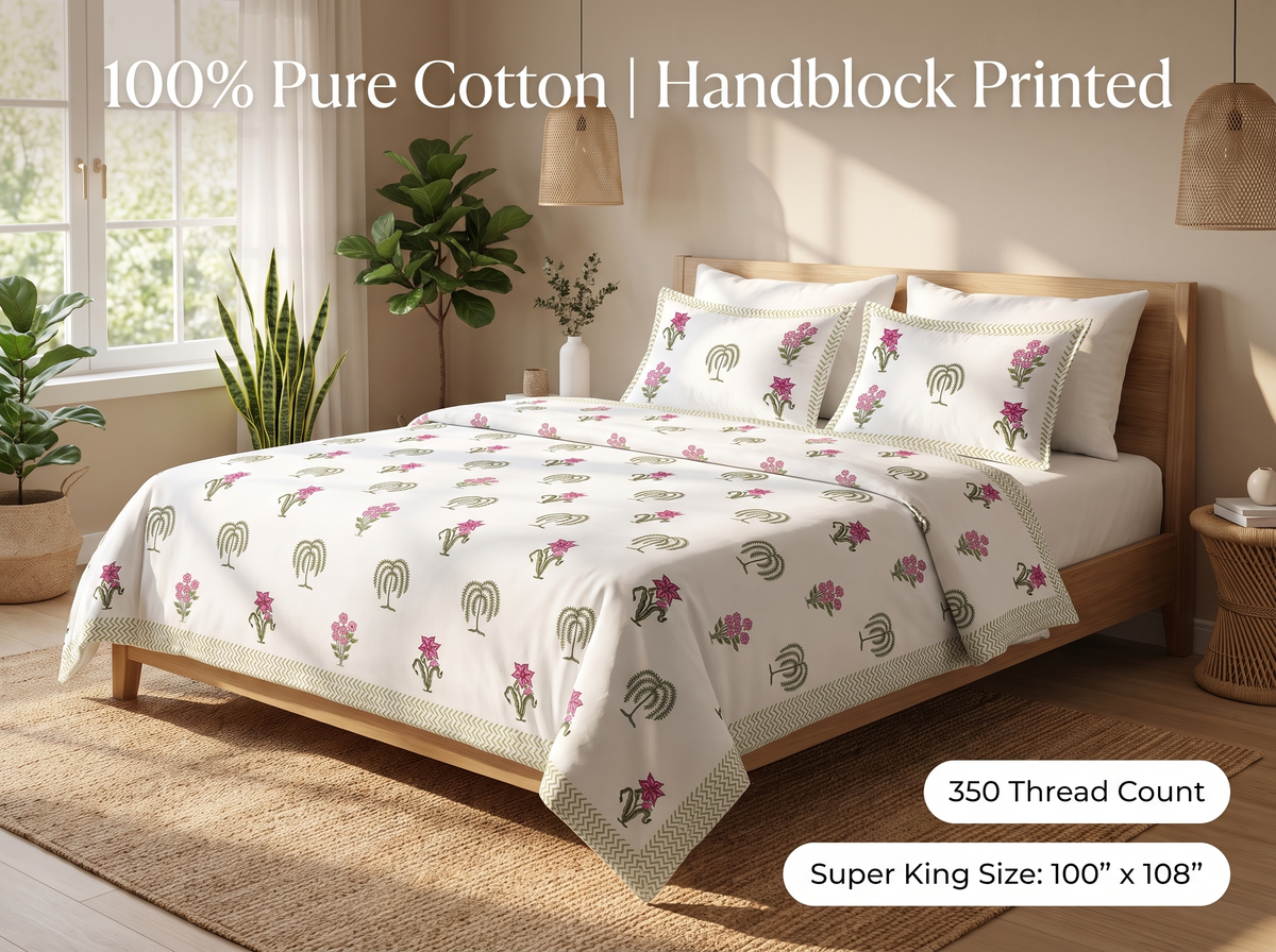 Lakendra - 350 TC Handblock Pure Cotton Bedsheet Set (Copy)