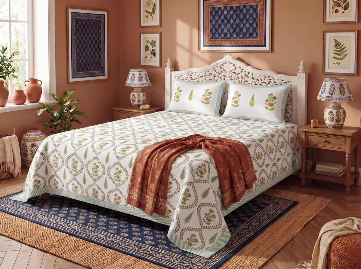 Mallika - 350 TC Handblock Pure Cotton Bedsheet Set