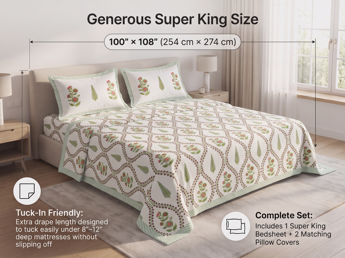 Mallika - 350 TC Handblock Pure Cotton Bedsheet Set