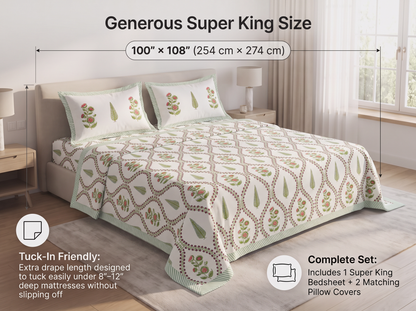 Mallika - 350 TC Handblock Pure Cotton Bedsheet Set