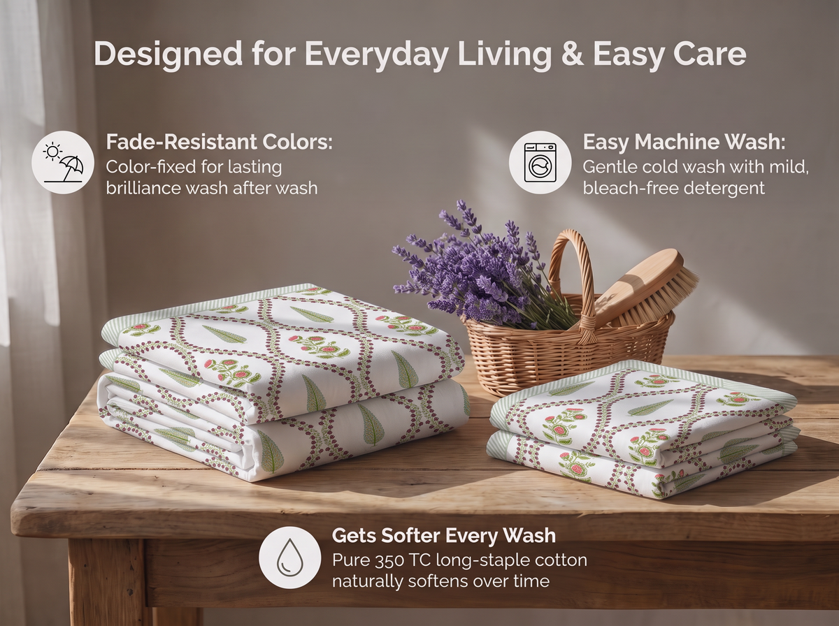 Mallika - 350 TC Handblock Pure Cotton Bedsheet Set