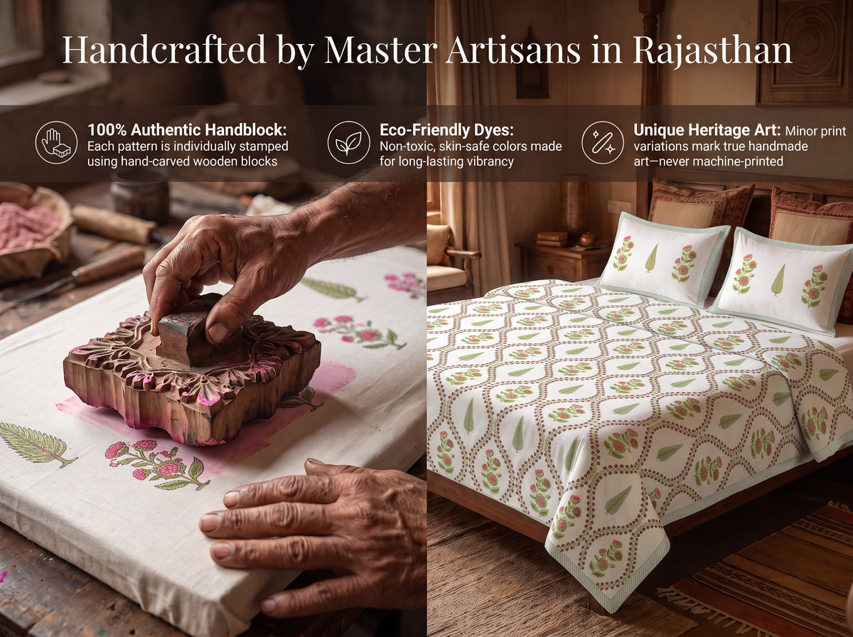 Mallika - 350 TC Handblock Pure Cotton Bedsheet Set