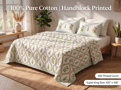 Mallika - 350 TC Handblock Pure Cotton Bedsheet Set
