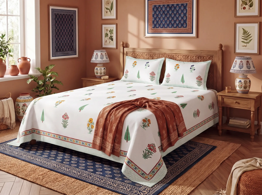 Bakula - 350 TC Handblock Pure Cotton Bedsheet Set